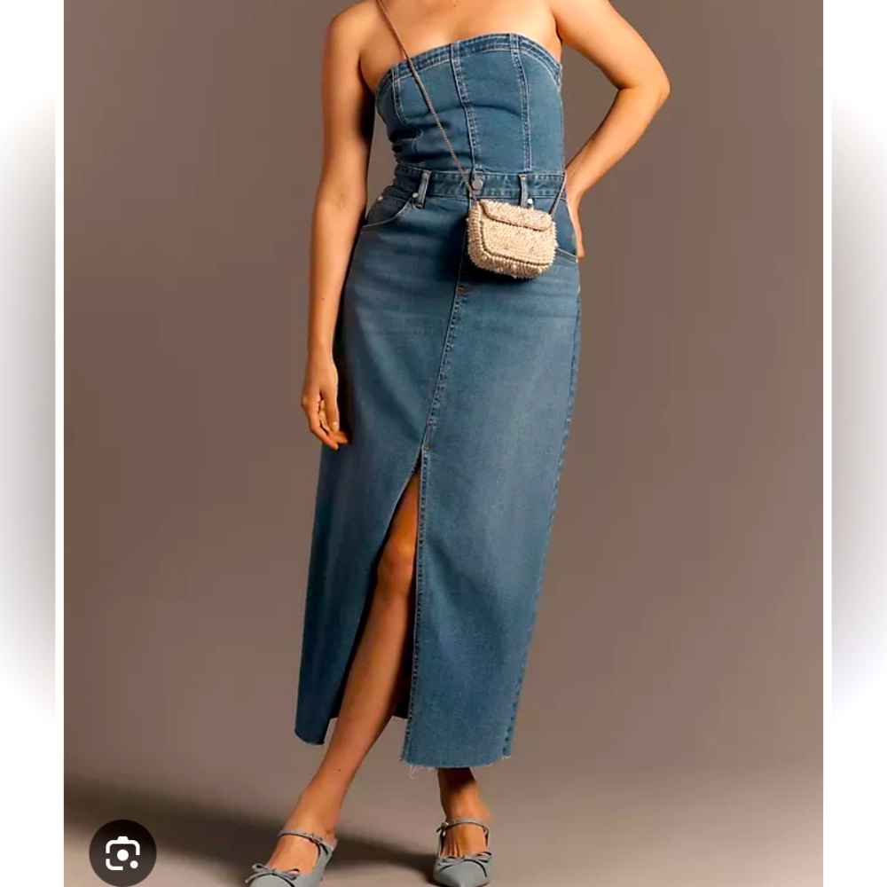 Anthropologie Strapless Denim Midi Dress in Blue